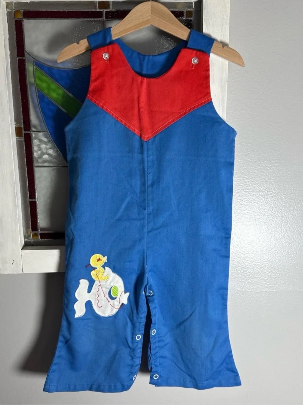 Vintage Toddler 2T/3T Handmade Blue & Red Romper Overalls with Fish Applique